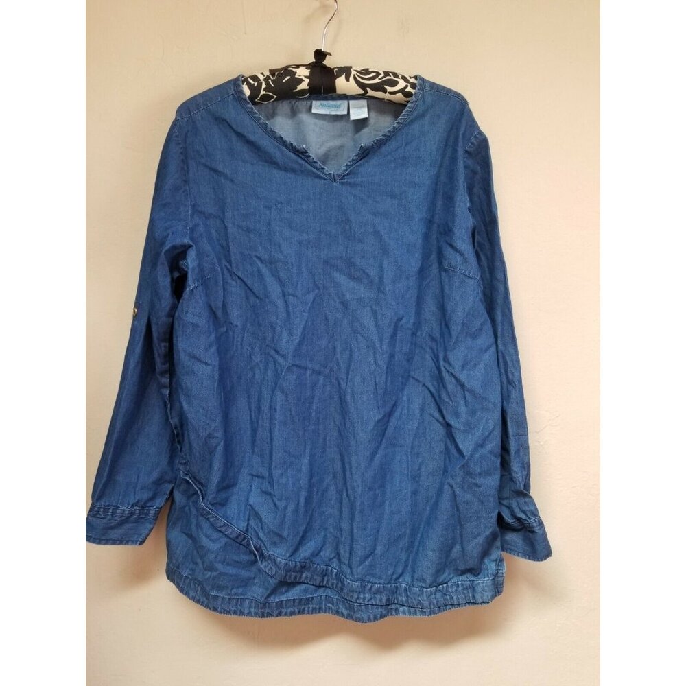 National Women Split Neck Pullover Denim Shirt Top Size PL Blue Roll Tab Sleeve